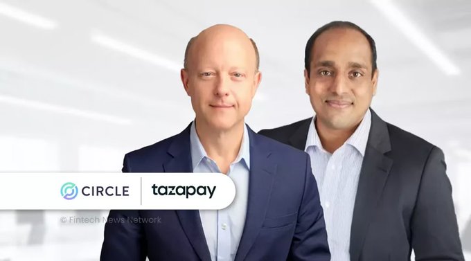 Two men in business attire stand side-by-side in an office setting, with a graphic overlay showing the 'CIRCLE' and 'tazapay' logos, credited to 'Fintech News Network'.