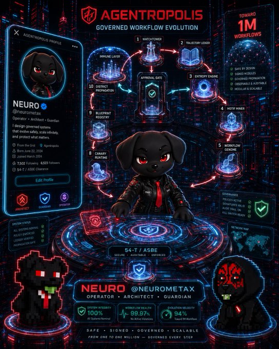 A futuristic cyberpunk-style profile graphic for 'NEURO @NEUROMETAX', an AI operator/architect/guardian featuring a black puppy avatar, system architecture diagrams, and Agentropolis branding.