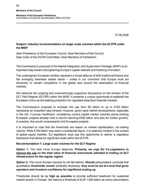 A letter dated 07.09.2026 addressed to Members of the European Parliament from the Industry recommendation on large scale volumes within the DLT/RTR under the MiCA committee regarding tokenisation regulation.