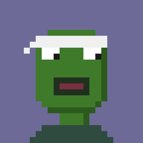 A pixel art depiction of a green zombie-like character with white hair and an open mouth against a solid purple backdrop.