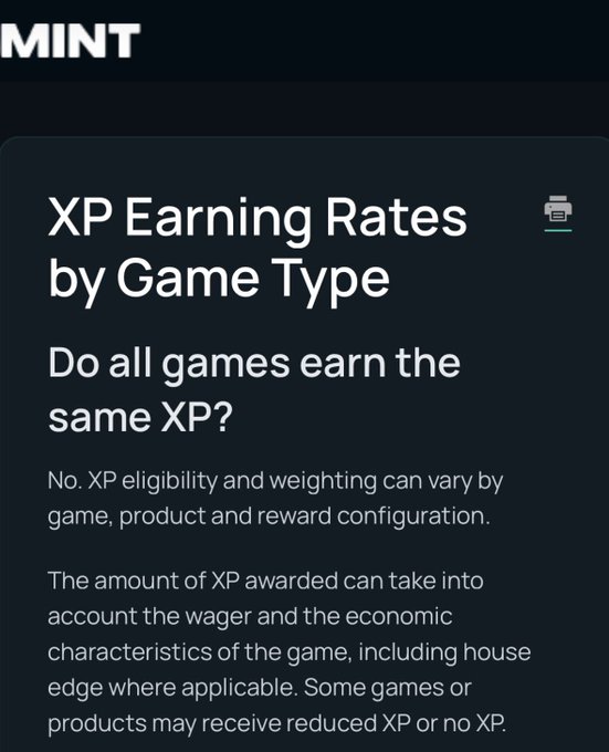 The image is an informational card from MINT (displaying the MINT logo at the top) titled "XP Earning Rates by Game Type," which clarifies that not all games earn the same XP—explaining that XP eligibility and weighting vary by game, product, and reward configuration, with some games receiving reduced XP or no XP at all. This directly supports the post's message that XP progression on PlayOnMint isn't a uniform "play and earn" system, but rather depends on the specific game type being played.