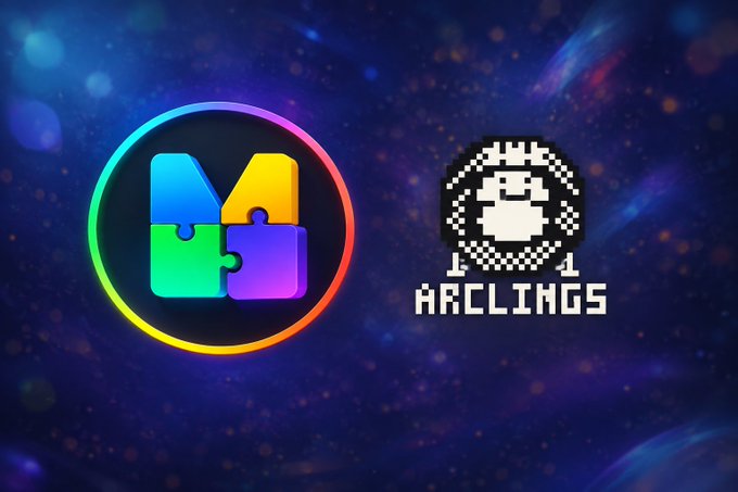Graphic featuring a colorful puzzle-piece logo on the left and a pixel-art character labeled "ARCLINGS" on the right, set against a starry blue background.