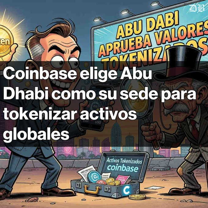 A news graphic in Spanish reads 'Coinbase elige Abu Dhabi como su sede para tokenizar activos globales' over a cartoon scene of two men examining a briefcase of tokenized assets.