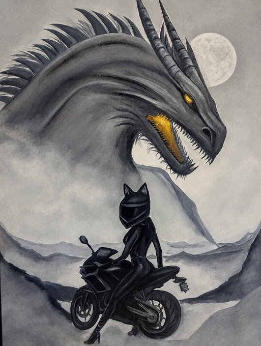 A dark fantasy painting shows a figure in black armor with a cat-eared helmet sitting on a motorcycle, facing a massive dragon with glowing yellow eyes beneath a full moon.