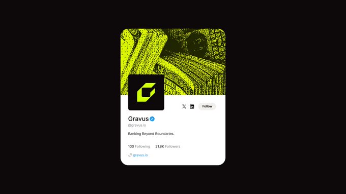 Social media profile card for 'Gravus' (@gravus.io), a verified account with the tagline 'Banking Beyond Boundaries' and 21.8K followers.