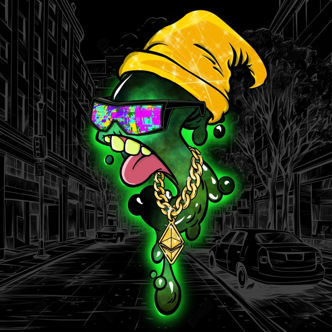 A vibrant cartoon-style digital artwork featuring a melting green character with an Ethereum logo pendant, wearing a yellow beanie and colorful sunglasses, set against a dark urban street scene.