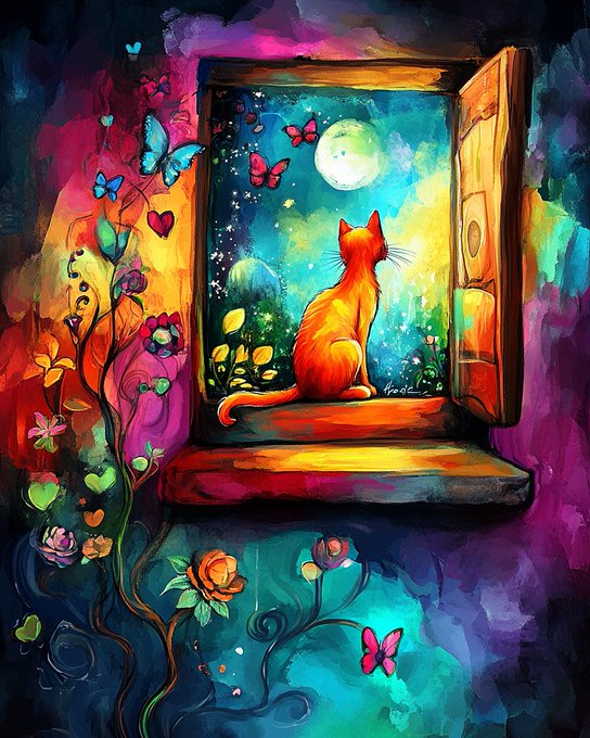 An orange cat sits on a window sill, gazing out at a luminous moonlit night sky surrounded by vibrant flowers and butterflies. The dreamy, colorful scene perfectly captures the "Good night" sentiment of the post, with the cat appearing as a peaceful night lover enjoying the tranquil moonlit view before sleep.