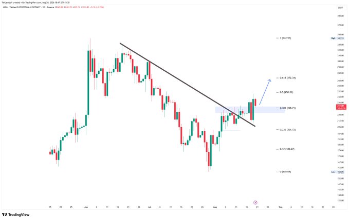 A TradingView chart of ABF.PORTFOLIO.CONTACT showing a downtrend line breaking with Fibonacci retracement levels marked at 0.236, 0.382, 0.5, 0.618, and 1, with price currently at 256.06 USD.