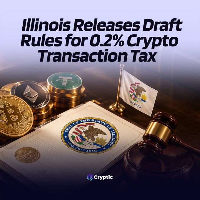 The image shows a graphic titled "Illinois Releases Draft Rules for 0.2% Crypto Transaction Tax," featuring visual elements including cryptocurrency coins (Bitcoin, Ethereum, and Tether), an Illinois state flag, and a wooden gavel resting on an official document bearing the Illinois state seal. These elements visually reinforce the post's announcement about Illinois preparing to implement a 0.2% tax on crypto transactions starting January 1, 2027, with the gavel and seal symbolizing the regulatory/legal nature of the new rules.
