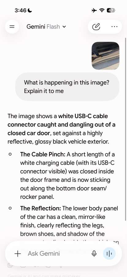 A screenshot of the Gemini Flash AI app interface displays a user asking "What is happening in this image? Explain it to me" about a photo of a USB-C cable caught in a closed car door, with Gemini's response analyzing the cable pinch and reflective car panel visible on screen.