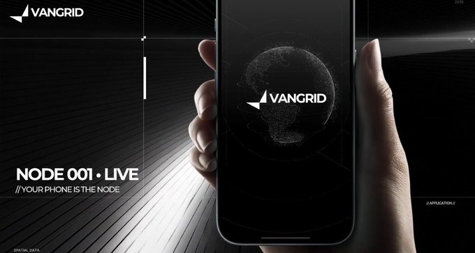 The image shows a hand holding a smartphone displaying the "VANGRID" logo over a digital globe, with text reading "NODE 001 · LIVE" and "YOUR PHONE IS THE NODE" against a dark futuristic background. This visually reinforces the post's message about Vangrid's data journey (Capture → Verification → Sale → Settlement → Payout), as the smartphone represents the contributor's "node" where the capture process begins.