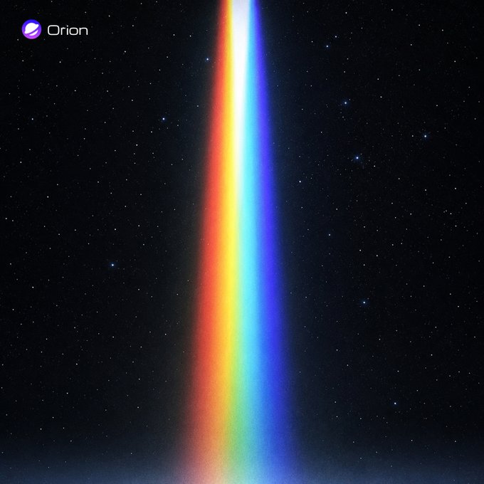 A vibrant vertical rainbow spectrum descends through a star-filled night sky, symbolizing the reveal of hidden data. The "Orion" logo appears in the top left corner, visually echoing the post's message about making the invisible spectrum visible on BNB Chain.