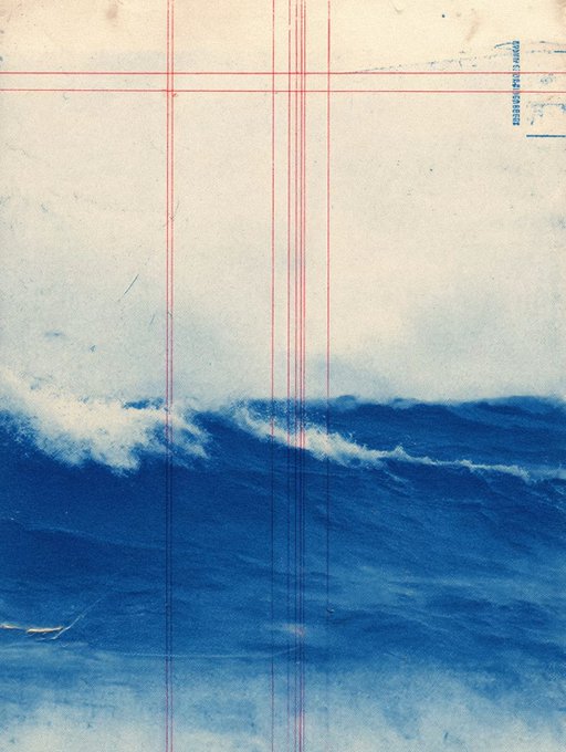An abstract image showing a blue ocean wave beneath a cloudy sky, overlaid with red vertical lines resembling film or registration marks.