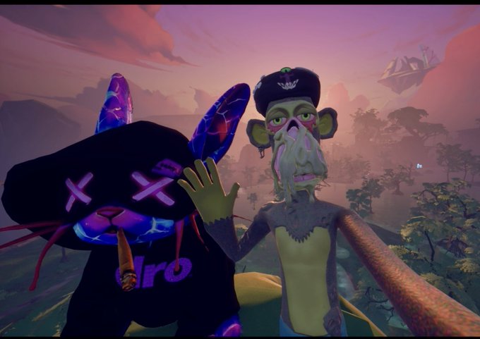 A colorful virtual/metaverse scene featuring a stylized character in a black t-shirt with a 'pro' logo next to a cap-wearing figure with sunglasses, set against a surreal pinkish landscape with floating landmasses.
