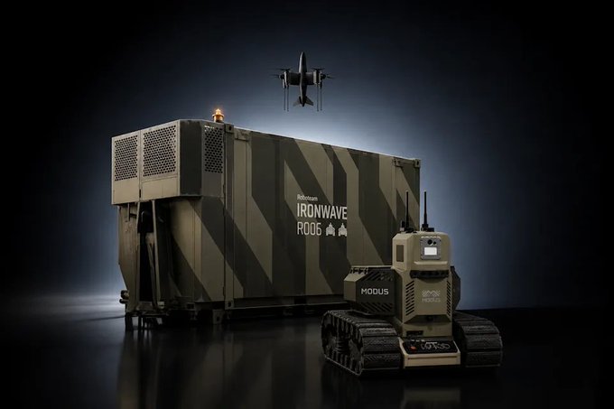 The image features an aerial view of a military vehicle, possibly a tank or a jeep, with a drone flying above it. The vehicle appears to be equipped with advanced technology for defense purposes. The text "@OndasHoldings" is present in the image, which could potentially be related to the military vehicle's development or launch. The post also mentions that the vehicle has been launched at Eurosatory and is part of a unified defense platform. This suggests that the vehicle might have been recently acquired by the military or is being showcased as an innovation in defense technology.