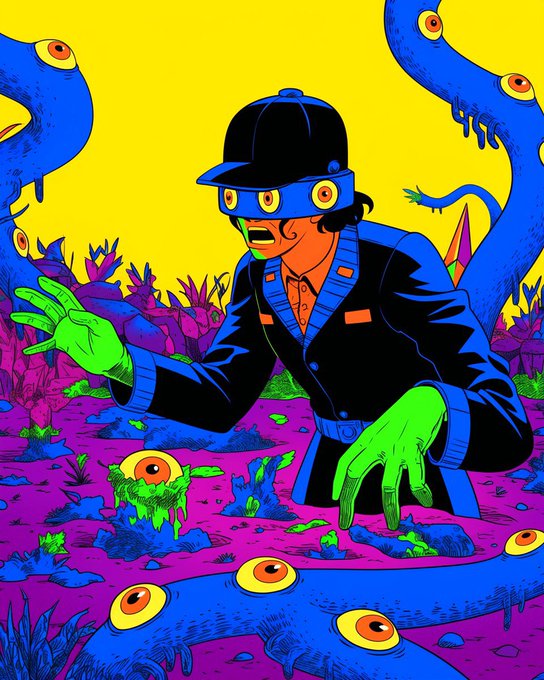 The image features a man wearing a black hat, dressed in a suit with green eyes, surrounded by blue creatures that appear to be fighting for dominance over him. The scene takes place in an artistic and surreal environment, possibly a jungle or a fantastical setting. The caption "Who’s getting ITIA active? I Think It's Art" suggests that the image is part of a larger art project or campaign related to ITIA (Information Technology Industry Association).