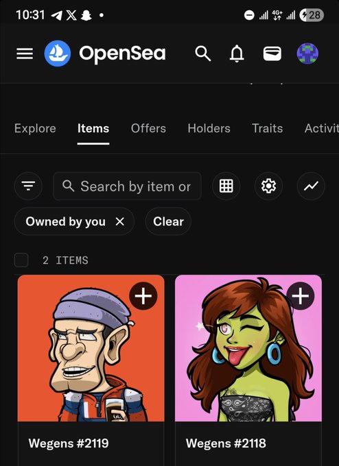 A screenshot of the OpenSea app showing a user's collection of 2 NFT items, "Wegens #2119" and "Wegens #2118," filtered by "Owned by you." The image supports the post by displaying the user's Wegen NFT holdings, aligning with their excitement about their upcoming Wegen Baby.