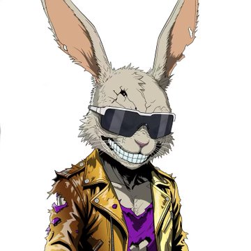 An illustration of a humanoid rabbit character with a wide, toothy grin, wearing dark sunglasses and a yellow jacket over a purple shirt.
