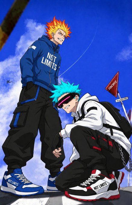 Two anime-style characters stand against a blue sky, one with fiery orange hair wearing a blue 'NOT LIMITS' hoodie, the other with cyan hair and sunglasses kneeling while tying their matching sneakers.