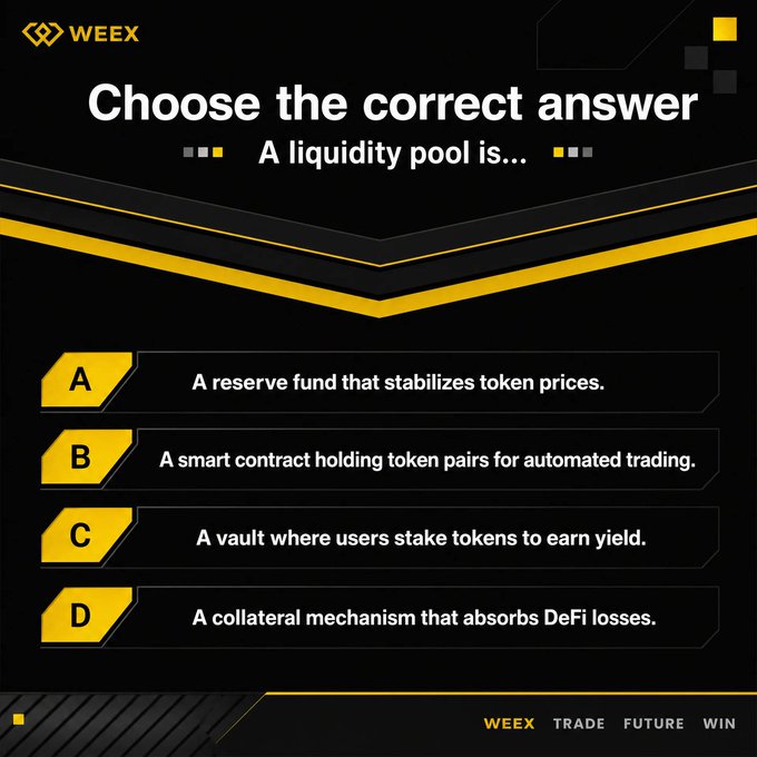 A WEEX Quiz giveaway image asking "A liquidity pool is..." with four multiple-choice options: A) A reserve fund that stabilizes token prices, B) A smart contract holding token pairs for automated trading, C) A vault where users stake tokens to earn yield, and D) A collateral mechanism that absorbs DeFi losses, branded with the WEEX logo and the tagline "TRADE FUTURE WIN." The image accompanies a social media giveaway post where participants are instructed to retweet and comment with their answer along with their WEEX UID to win a share of 50 USDT.