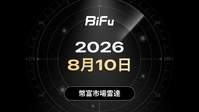 A promotional graphic featuring a compass design with the text "BiFu," "2026," "8月10日," and "幣富市場雷達" (Bifu Market Radar).