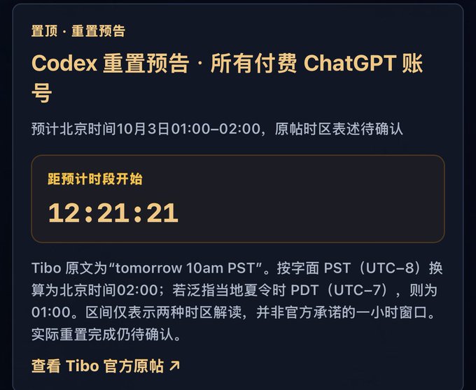 A dark-themed countdown screen shows a Codex reset forecast for all paid ChatGPT accounts, scheduled for Beijing time October 3rd between 01:00-02:00, with 12:21:21 remaining on the countdown and a note that the original Tibo post said 'tomorrow 10am PST'.