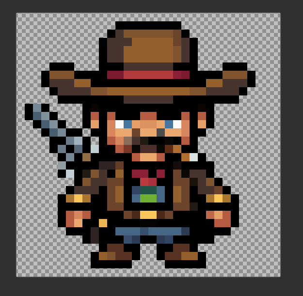 Pixel art cowboy character wearing a wide-brimmed brown hat with a red band, brown duster coat, and holding a pistol, with a pixelated face featuring blue eyes and a beard, set against a transparent background. The image serves as the creator's example of free pixel art they can generate themselves, in contrast to the "slop" they claim to receive from Gemini even when paying on Zcash.