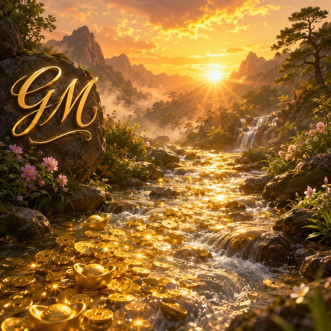 A fantasy landscape at sunset shows a stream filled with gold coins and ingots flowing toward a waterfall, with golden 'GM' monogrammed on a rock and pink flowers dotting the mossy banks.