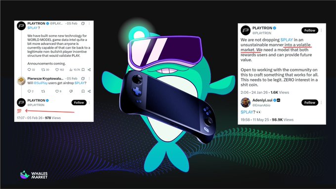 A graphic showing social media posts from PLAYTRON about 'SPLAY' API integration and a non-buckled player incentive structure, featuring a Nintendo Switch controller and VR headset with a cartoon mascot and 'Whales Market' logo.