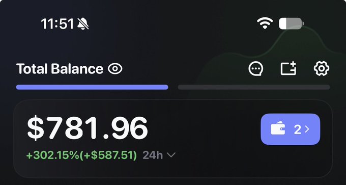 A mobile app screen displays a 'Total Balance' of '$781.96' with a 24-hour increase of '+302.15% (+$587.51)'.