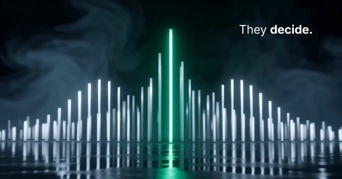 A dark background featuring an audio equalizer visualization with vertical bars, one highlighted in bright green, with the text 'They decide.' in the upper right corner.
