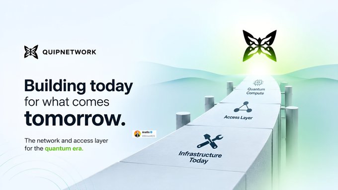 A QuiNetwork promotional banner reading 'Building today for what comes tomorrow. The network and access layer for the quantum era,' showing a path leading to a butterfly logo with sections labeled 'Infrastructure Today,' 'Access Layer,' and 'Quantum Compute.'