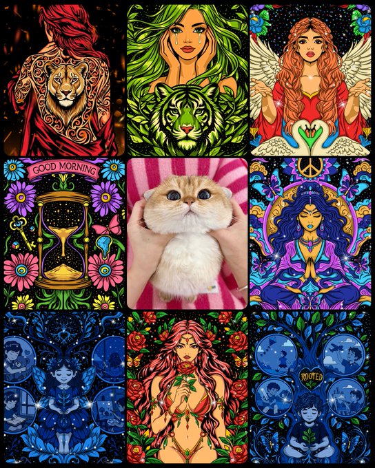 Collage of eight colorful psychedelic art cards featuring women, a tiger, angels, hourglass, and a cute white kitten photo in the center.