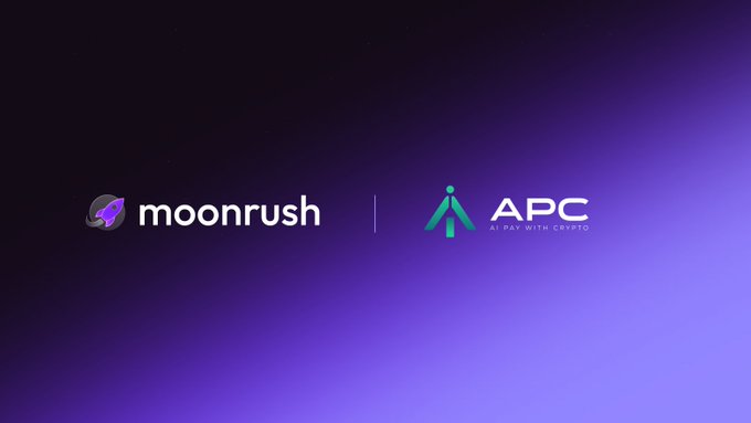 A dark purple gradient background displaying the logos for 'moonrush' and 'APC - AI PAY WITH CRYPTO' side by side.