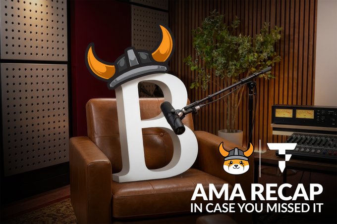 A large 3D letter "B" wearing a horned viking helmet sits on a brown leather chair in a podcast studio setting, with a microphone on a boom arm in front of it. The Floki dog logo with a matching helmet and the text "AMA RECAP IN CASE YOU MISSED IT" appear in the lower right corner, tying the image to the accompanying post about a Floki ($FLOKI) AMA session covering updates like physical debit cards, an upgraded trading bot, and new upcoming products.