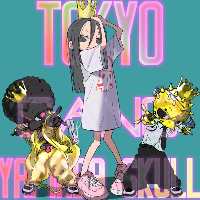 A stylized illustration featuring a girl wearing a crown in the center, flanked by two characters in masks, with 'TOKYO' and 'YAKUZA SKULL' text in the background.