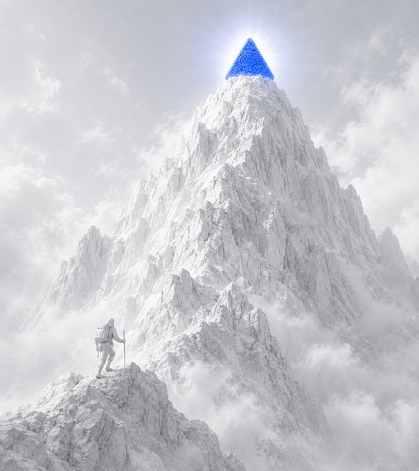 A lone mountaineer stands on a rocky outcrop, gazing up at a towering snow-capped peak crowned with a glowing blue pyramid—symbolizing the $BLUECHIP summit awaiting conquest.