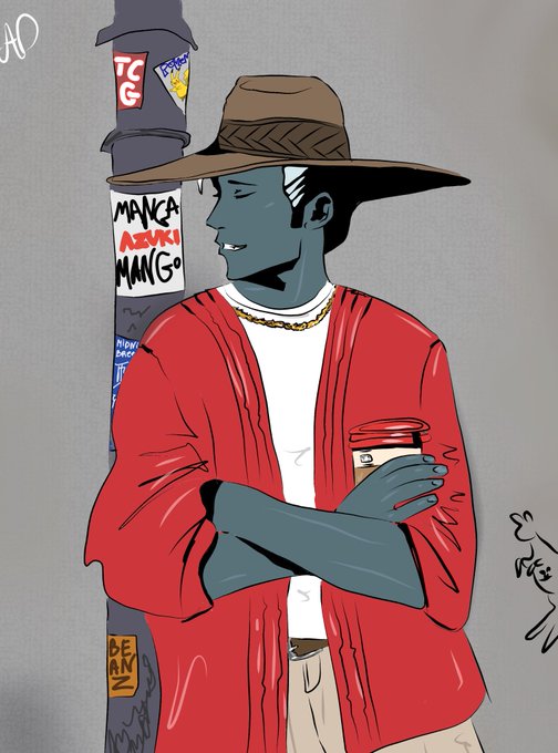 An illustrated character with dark gray skin wears a wide-brimmed hat, red cardigan, white shirt, and gold chain while holding a coffee cup near a pole covered in stickers with text including 'TC G', 'MANGA AZUKI MANGA', and 'BEAN Z'.