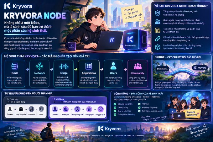 A Vietnamese-language infographic for 'Kryvora Node' explains its blockchain ecosystem components including Node, Network, Bridge, Applications, Users, and Community.