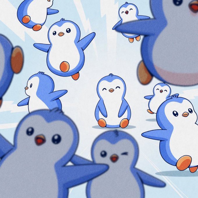 A cute illustration of many small, blue-and-white penguin-like characters in various poses against a light blue background.