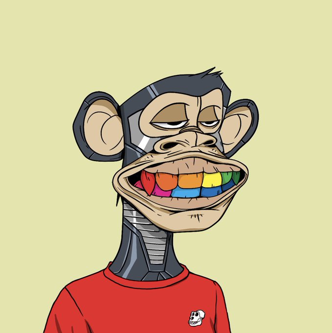 The image features a cartoon monkey wearing a red shirt with a skull design, standing against a yellow background. The monkey has a wide smile and its mouth is open, revealing teeth painted in various colors such as blue, green, orange, pink, purple, and white. The caption below the image reads "I've tried a few different pfps over the years but nothing compares to a monke jpeg."