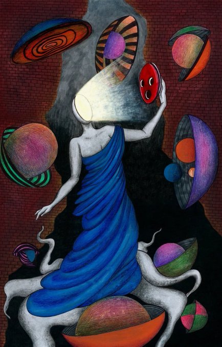 A surreal artwork depicting a figure in a flowing blue dress with a lightbulb-shaped head, surrounded by floating colorful orbs against a red brick background.