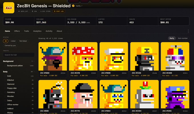 The image displays a Zora NFT marketplace listing for the "ZecBit Genesis — Shielded" collection, showing a floor price of $89.90, volume of $37,303, and 3,333 items minted from a supply of 172, with pixel art character NFTs priced in ETH. The screenshot supports the scam warning by showcasing the project prominently, though the anonymous creator and hype-driven pixel art aesthetic align with the post's claims that "zec_bit" is exploiting the Zora platform's visibility to run a dubious NFT project.