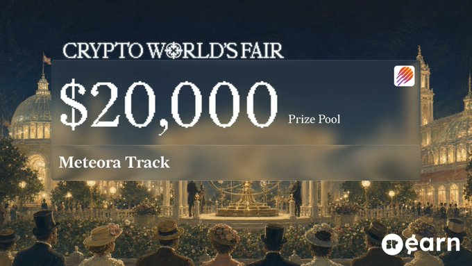 A promotional banner for 'Crypto World's Fair' featuring a $20,000 Prize Pool on the Meteora Track, displayed over an ornate fairground scene with the 'OT Earn' logo.