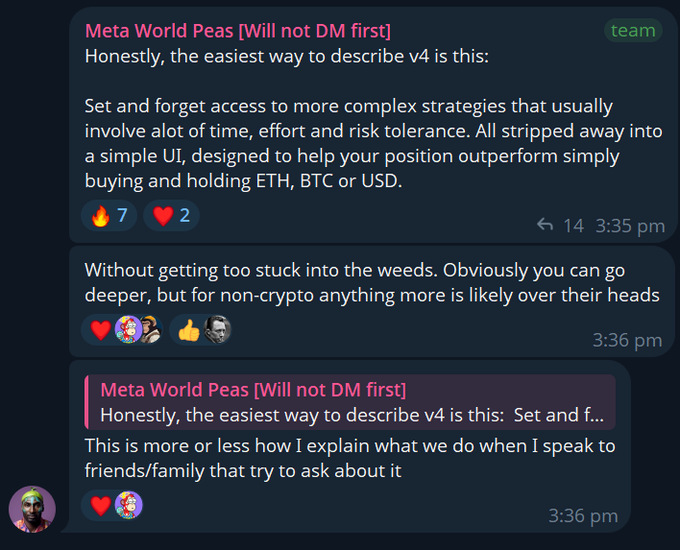 A Discord chat from 'Meta World Peas' explains their v4 product as 'Set and forget access to more complex strategies' designed to help positions outperform simply holding ETH, BTC, or USD.