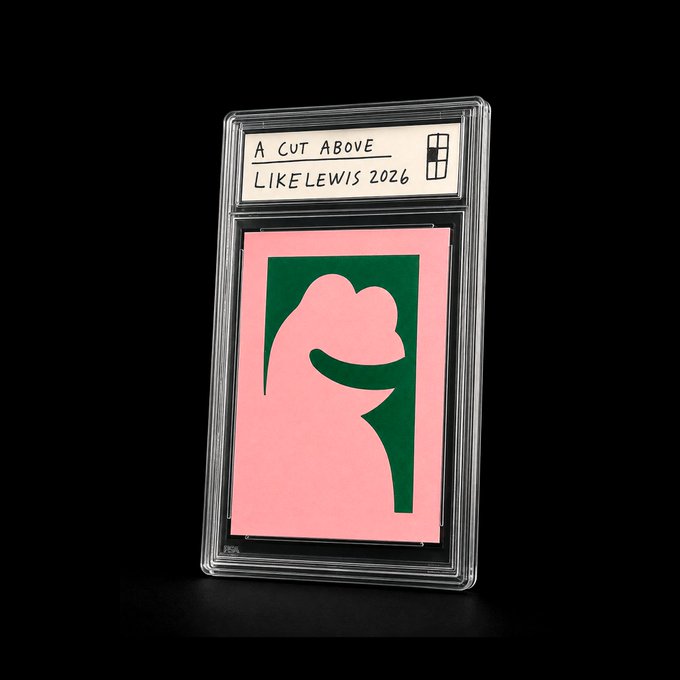 A graded trading card in a plastic slab labeled 'A CUT ABOVE LIKELEWIS 2026', featuring a minimalist pink and green silhouette artwork.