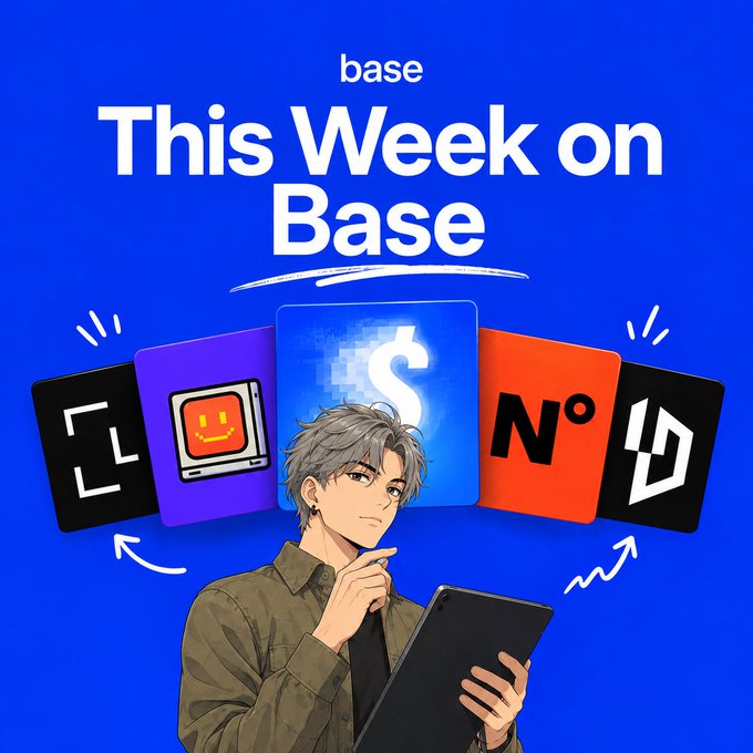 Promotional graphic with text 'base This Week on Base' showing an anime-style character with a tablet surrounded by colorful app icons on a blue background.