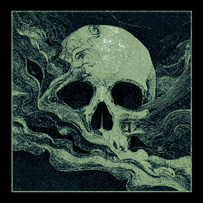 A stylized green and black illustration of a skull surrounded by smoke or swirling mist, rendered in a vintage etching style.