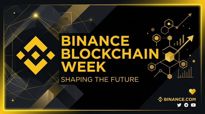 A bold Binance Blockchain Week promotional graphic featuring the iconic Binance logo, the tagline "Shaping the Future," and "BINANCE.COM" branding against a dark background adorned with golden blockchain network visuals, upward arrows, and hexagonal patterns symbolizing industry growth.