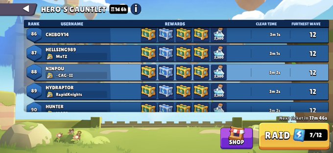 A video game leaderboard screen titled 'HERO'S GAUNTLET' showing ranks 86-90 with usernames, rewards, clear times, and a 'RAID 7/12' button.